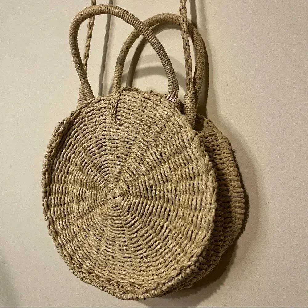 Beachy Boho Natural Woven Round Straw Satchel Crossbody Bag